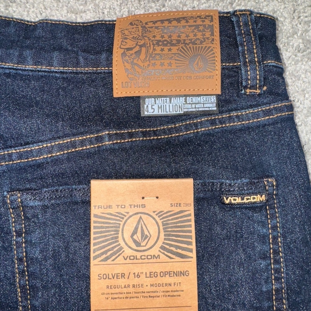 Volcom Mens Solver Modern Straight Stretch Denim Blue Jeans Dark Wash 36x32 NEW